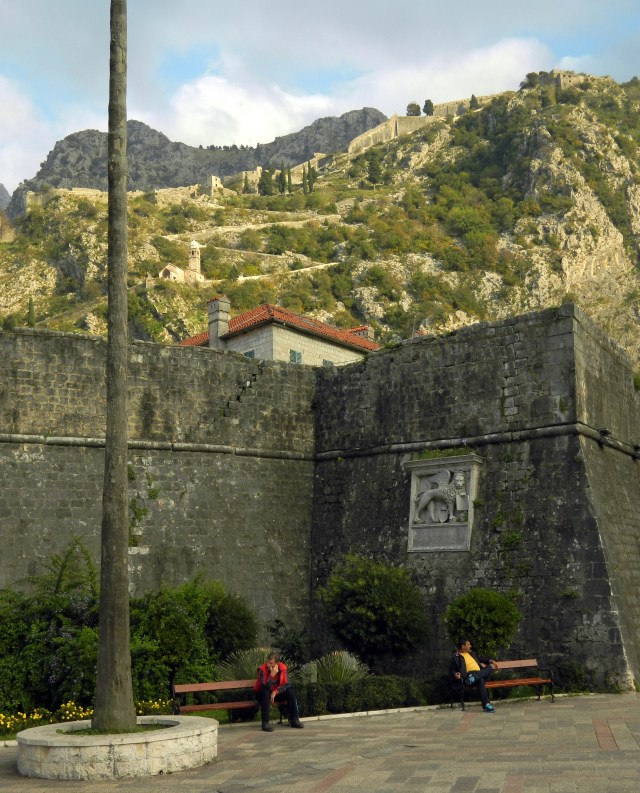 Kotor city walls with view of the fortress